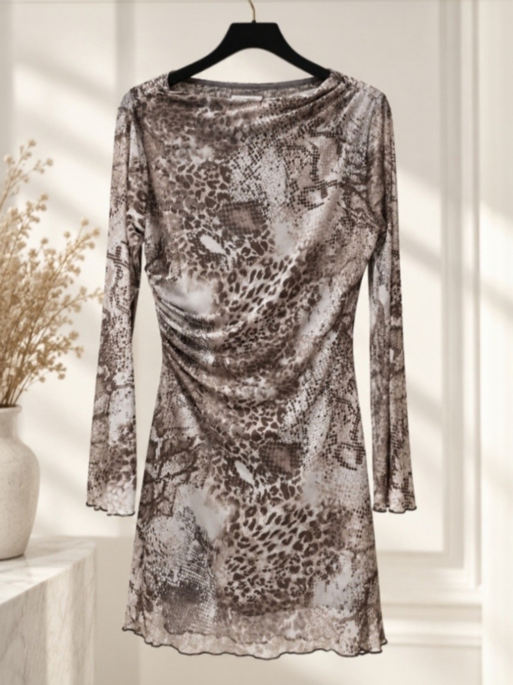 Persaya brown and beige snake print long sleeve dress in size L